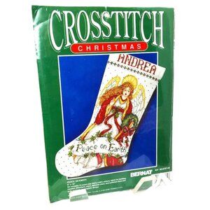 BERNAT Christmas Angel 90's  Cross Stitch “Peace on Earth” Stocking Kit VTG